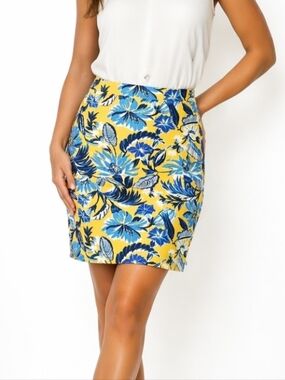 J. Crew Factory 100% Cotton Yellow & Blue Floral Basketweave Pencil Skirt